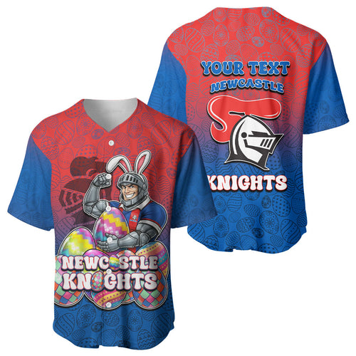Personalized Newcastle Knights Baseball Jersey Easter Mascot - Colorful Eggs Cartoon Style