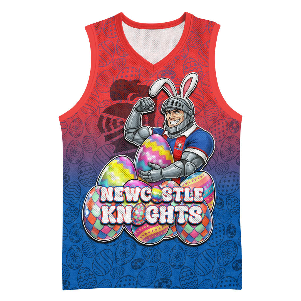 Personalized Newcastle Knights Basketball Jersey Easter Mascot - Colorful Eggs Cartoon Style