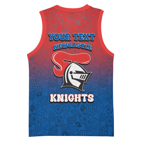 Personalized Newcastle Knights Basketball Jersey Easter Mascot - Colorful Eggs Cartoon Style