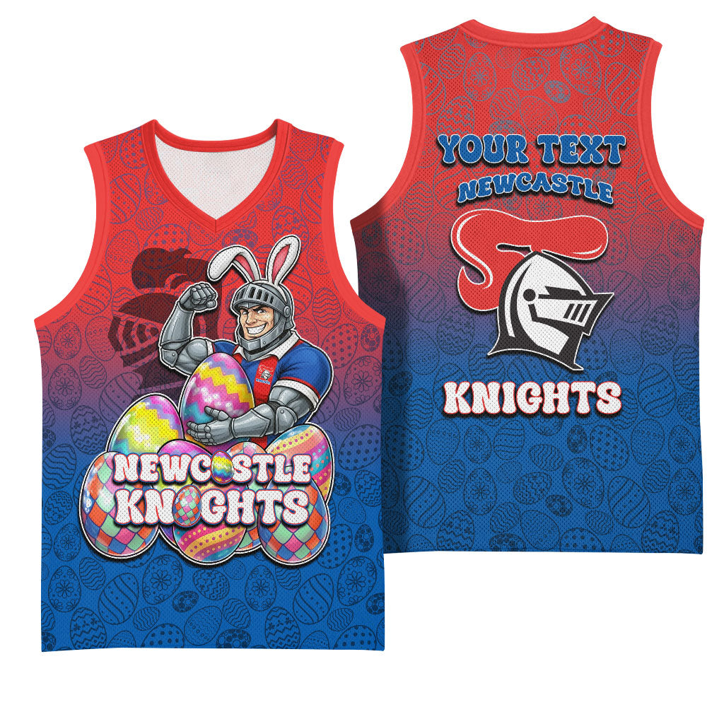 Personalized Newcastle Knights Basketball Jersey Easter Mascot - Colorful Eggs Cartoon Style