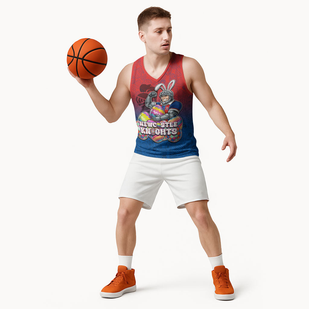 Personalized Newcastle Knights Basketball Jersey Easter Mascot - Colorful Eggs Cartoon Style