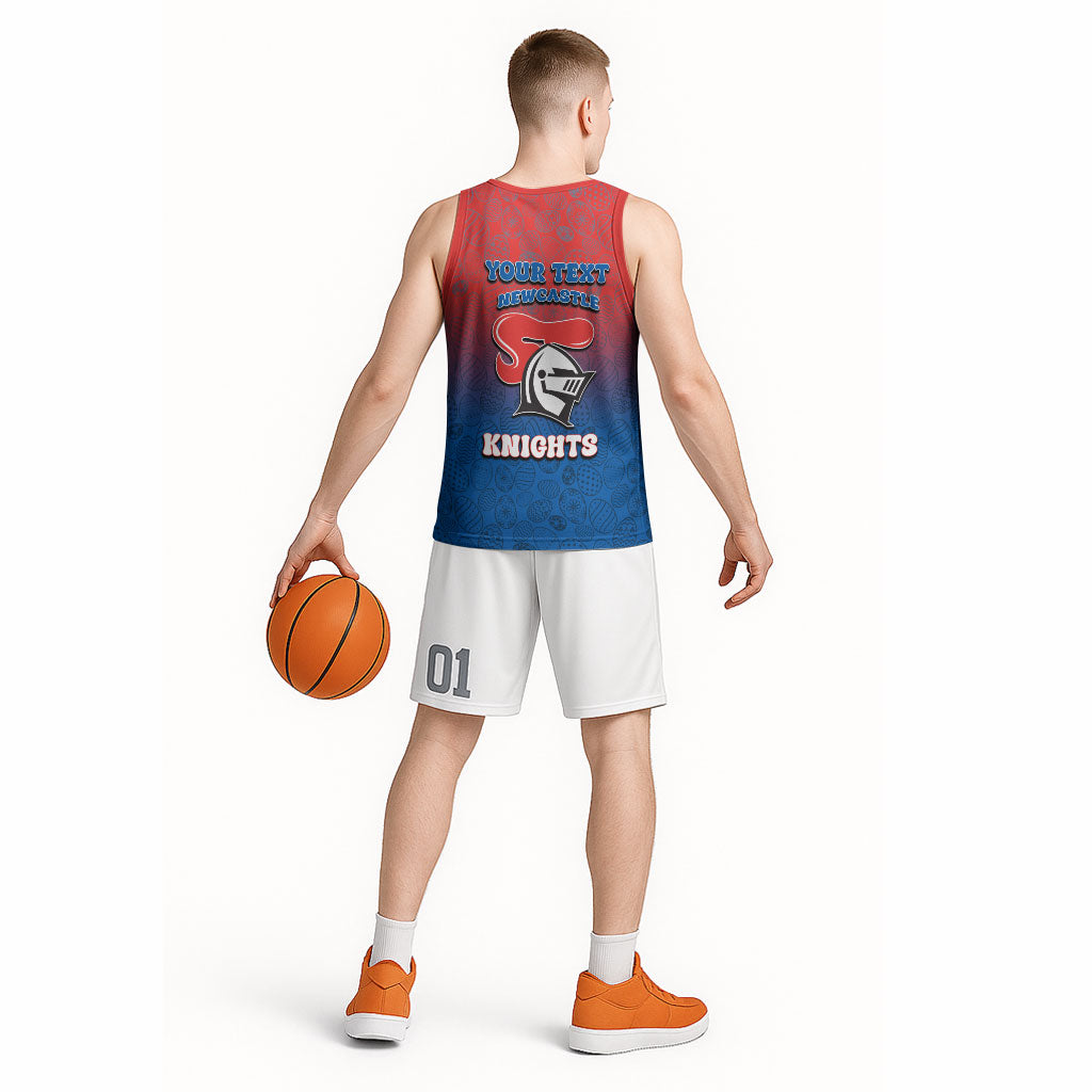 Personalized Newcastle Knights Basketball Jersey Easter Mascot - Colorful Eggs Cartoon Style