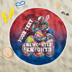 Personalized Newcastle Knights Beach Blanket Easter Mascot - Colorful Eggs Cartoon Style