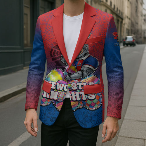 Personalized Newcastle Knights Blazer Easter Mascot - Colorful Eggs Cartoon Style
