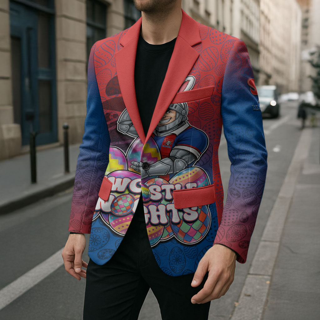 Personalized Newcastle Knights Blazer Easter Mascot - Colorful Eggs Cartoon Style