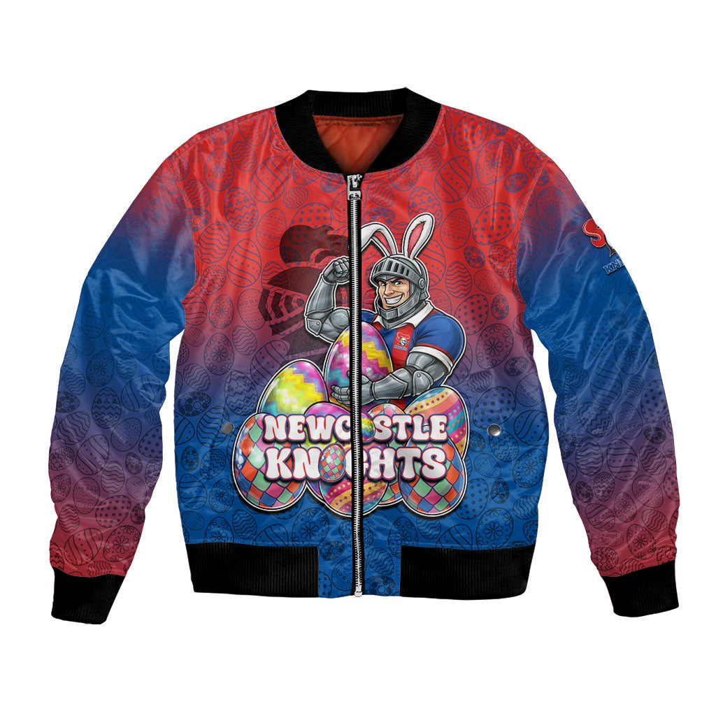 Personalized Newcastle Knights Bomber Jacket Easter Mascot - Colorful Eggs Cartoon Style