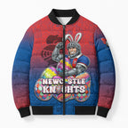 Personalized Newcastle Knights Bomber Puffer Jacket Easter Mascot - Colorful Eggs Cartoon Style