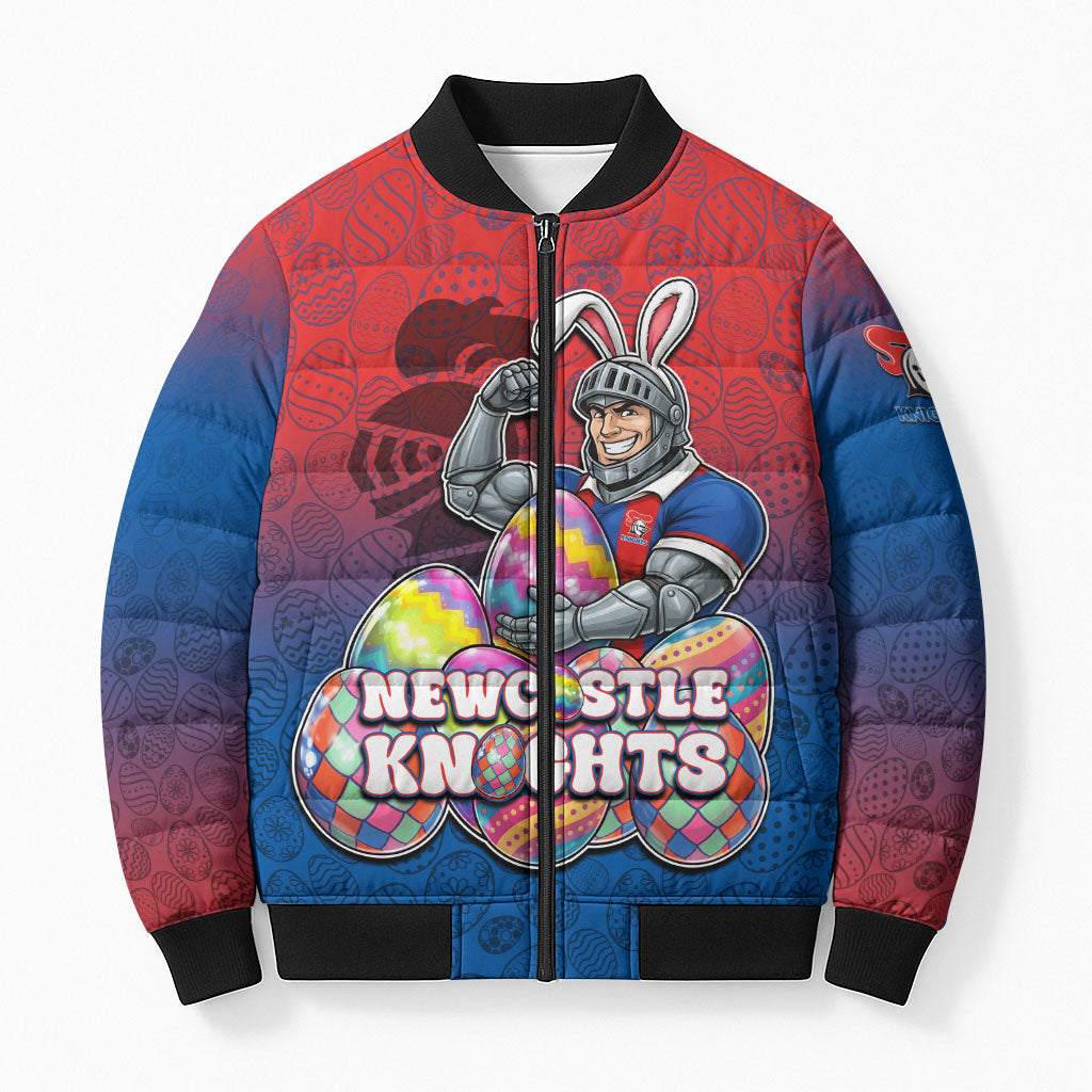 Personalized Newcastle Knights Bomber Puffer Jacket Easter Mascot - Colorful Eggs Cartoon Style