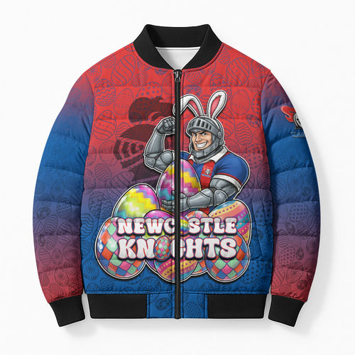 Personalized Newcastle Knights Bomber Puffer Jacket Easter Mascot - Colorful Eggs Cartoon Style