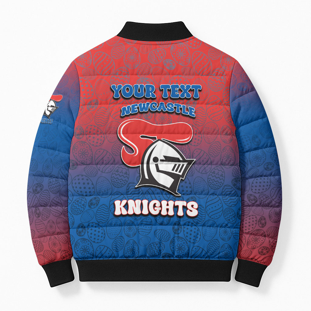 Personalized Newcastle Knights Bomber Puffer Jacket Easter Mascot - Colorful Eggs Cartoon Style