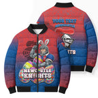 Personalized Newcastle Knights Bomber Puffer Jacket Easter Mascot - Colorful Eggs Cartoon Style