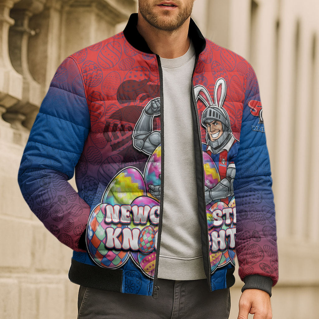 Personalized Newcastle Knights Bomber Puffer Jacket Easter Mascot - Colorful Eggs Cartoon Style