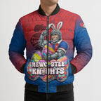 Personalized Newcastle Knights Bomber Puffer Jacket Easter Mascot - Colorful Eggs Cartoon Style