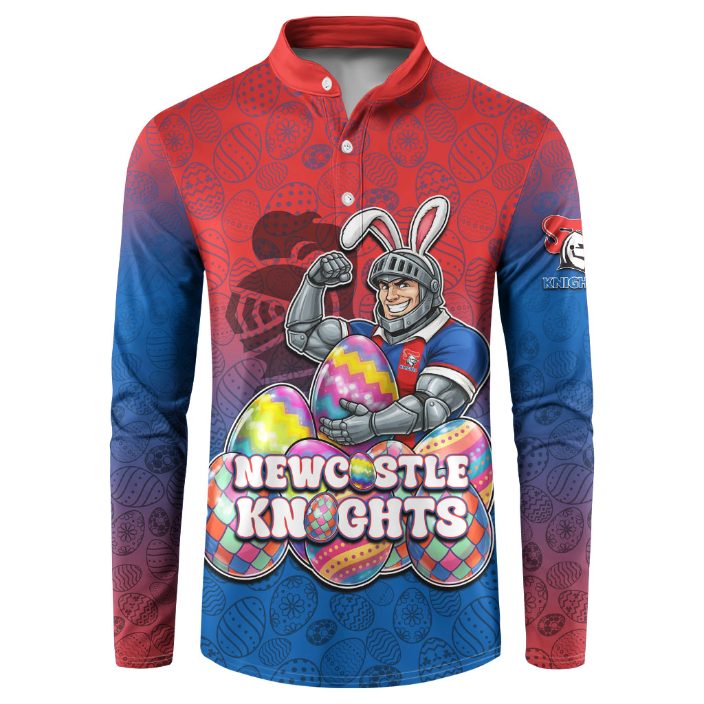 Personalized Newcastle Knights Button Sweatshirt Easter Mascot - Colorful Eggs Cartoon Style