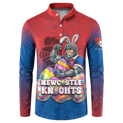 Personalized Newcastle Knights Button Sweatshirt Easter Mascot - Colorful Eggs Cartoon Style