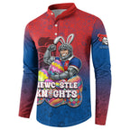 Personalized Newcastle Knights Button Sweatshirt Easter Mascot - Colorful Eggs Cartoon Style