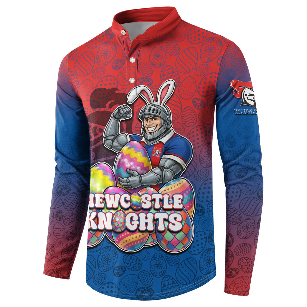 Personalized Newcastle Knights Button Sweatshirt Easter Mascot - Colorful Eggs Cartoon Style