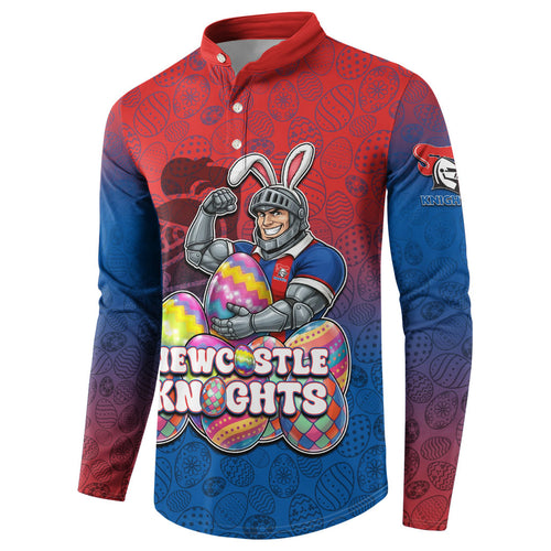 Personalized Newcastle Knights Button Sweatshirt Easter Mascot - Colorful Eggs Cartoon Style