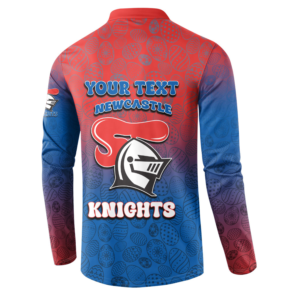 Personalized Newcastle Knights Button Sweatshirt Easter Mascot - Colorful Eggs Cartoon Style