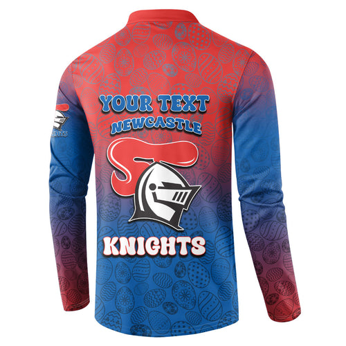 Personalized Newcastle Knights Button Sweatshirt Easter Mascot - Colorful Eggs Cartoon Style