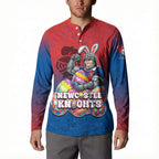 Personalized Newcastle Knights Button Sweatshirt Easter Mascot - Colorful Eggs Cartoon Style