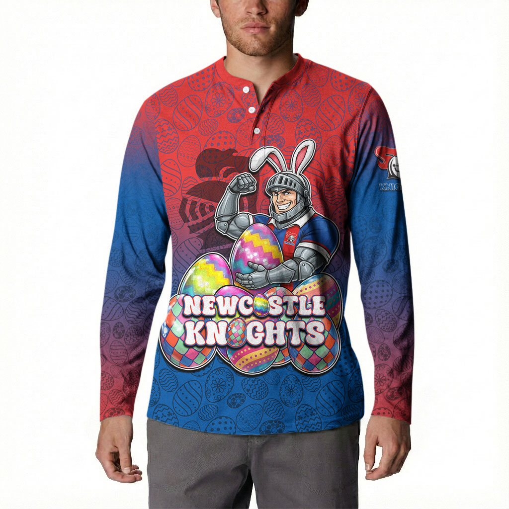 Personalized Newcastle Knights Button Sweatshirt Easter Mascot - Colorful Eggs Cartoon Style