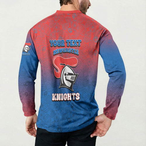 Personalized Newcastle Knights Button Sweatshirt Easter Mascot - Colorful Eggs Cartoon Style
