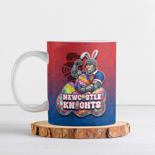 Personalized Newcastle Knights Ceramic Mug Easter Mascot - Colorful Eggs Cartoon Style