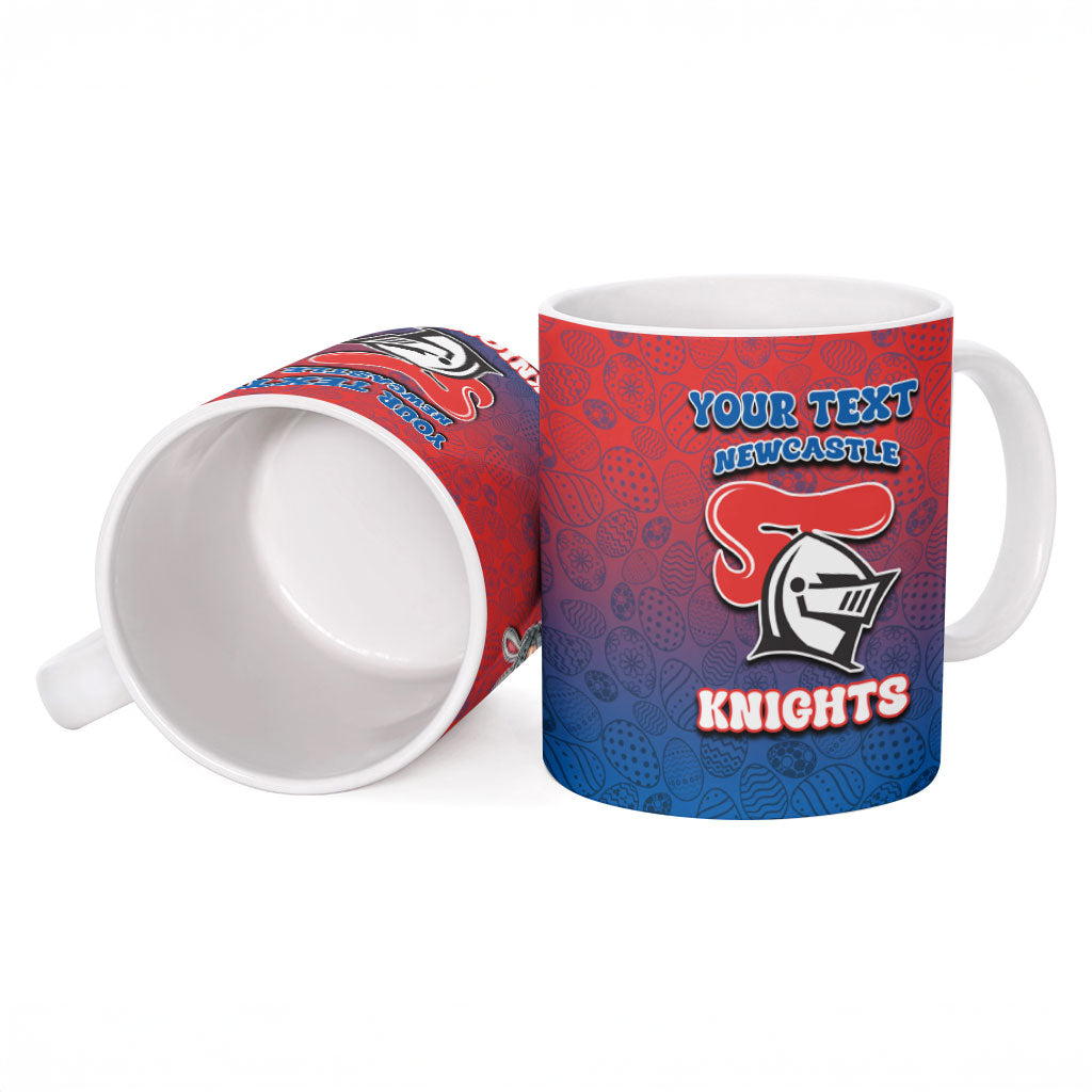 Personalized Newcastle Knights Ceramic Mug Easter Mascot - Colorful Eggs Cartoon Style