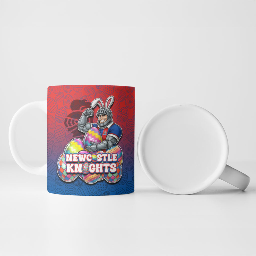 Personalized Newcastle Knights Ceramic Mug Easter Mascot - Colorful Eggs Cartoon Style