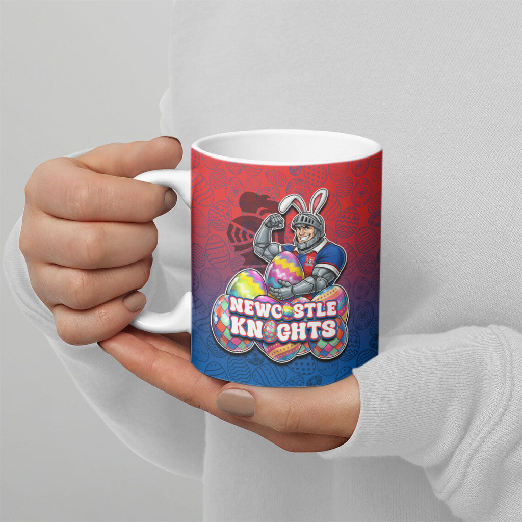 Personalized Newcastle Knights Ceramic Mug Easter Mascot - Colorful Eggs Cartoon Style