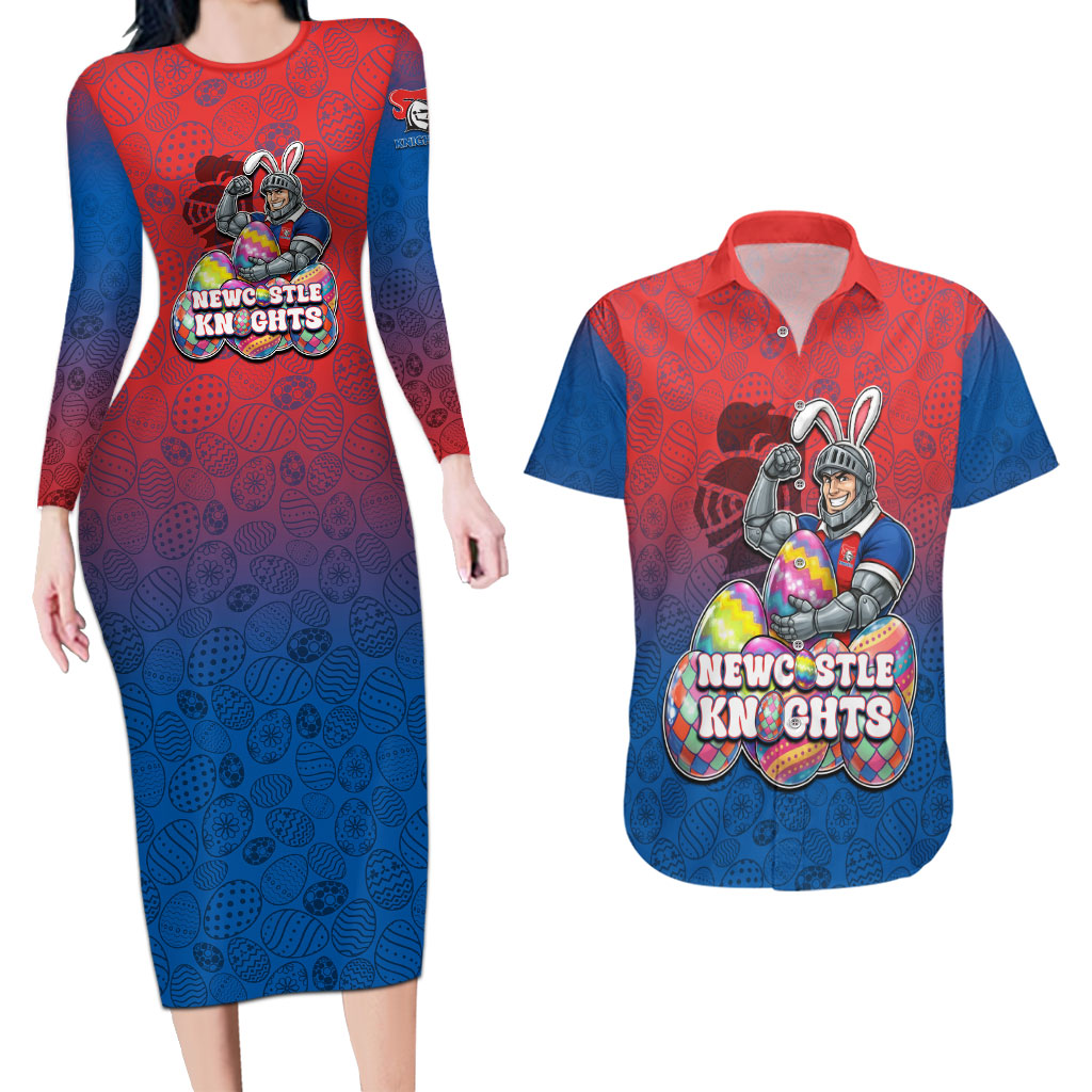 Personalized Newcastle Knights Couples Matching Long Sleeve Bodycon Dress and Hawaiian Shirt Easter Mascot - Colorful Eggs Cartoon Style