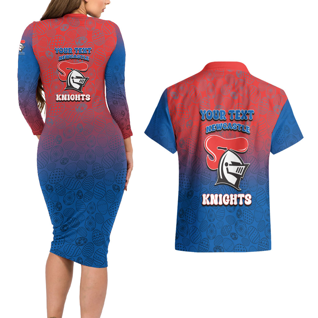 Personalized Newcastle Knights Couples Matching Long Sleeve Bodycon Dress and Hawaiian Shirt Easter Mascot - Colorful Eggs Cartoon Style