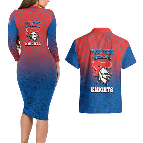 Personalized Newcastle Knights Couples Matching Long Sleeve Bodycon Dress and Hawaiian Shirt Easter Mascot - Colorful Eggs Cartoon Style