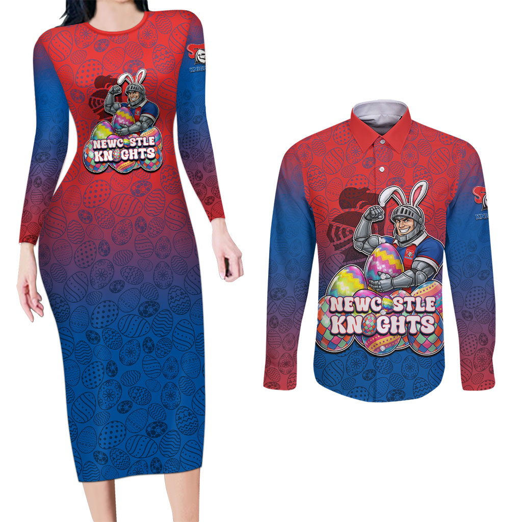 Personalized Newcastle Knights Couples Matching Long Sleeve Bodycon Dress and Long Sleeve Button Shirt Easter Mascot - Colorful Eggs Cartoon Style