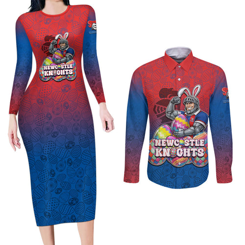 Personalized Newcastle Knights Couples Matching Long Sleeve Bodycon Dress and Long Sleeve Button Shirt Easter Mascot - Colorful Eggs Cartoon Style