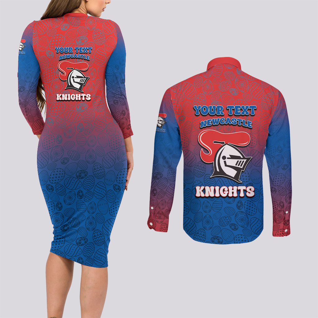 Personalized Newcastle Knights Couples Matching Long Sleeve Bodycon Dress and Long Sleeve Button Shirt Easter Mascot - Colorful Eggs Cartoon Style