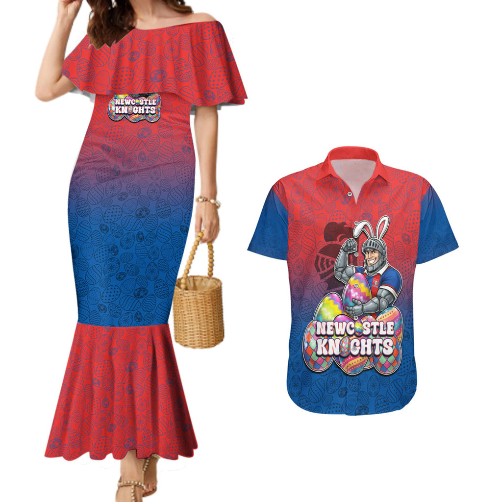 Personalized Newcastle Knights Couples Matching Mermaid Dress and Hawaiian Shirt Easter Mascot - Colorful Eggs Cartoon Style