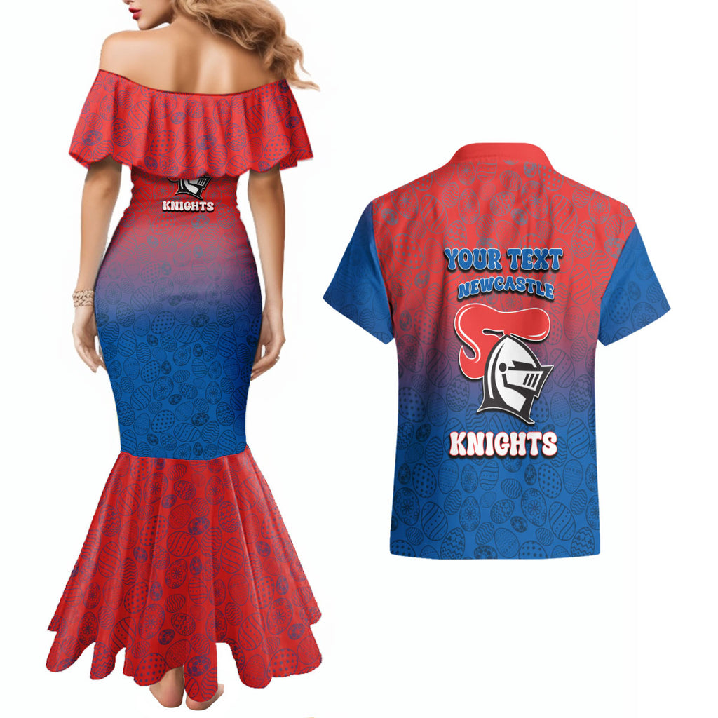 Personalized Newcastle Knights Couples Matching Mermaid Dress and Hawaiian Shirt Easter Mascot - Colorful Eggs Cartoon Style
