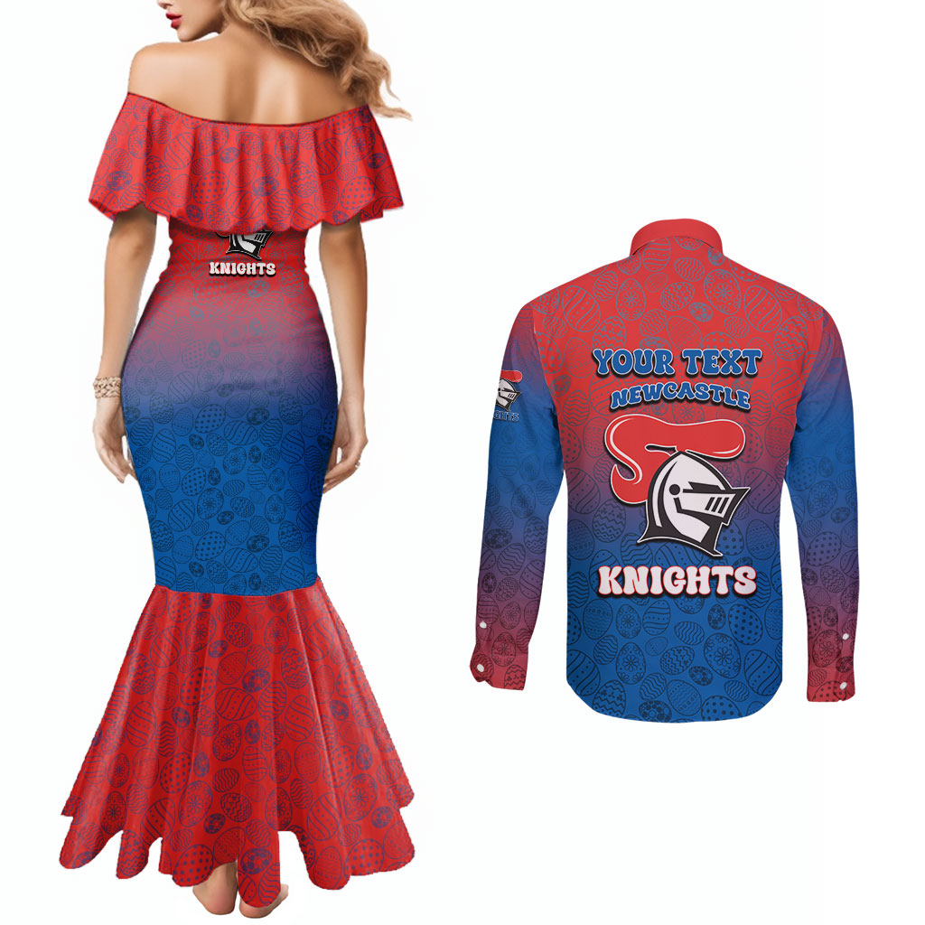 Personalized Newcastle Knights Couples Matching Mermaid Dress and Long Sleeve Button Shirt Easter Mascot - Colorful Eggs Cartoon Style