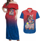 Personalized Newcastle Knights Couples Matching Off Shoulder Maxi Dress and Hawaiian Shirt Easter Mascot - Colorful Eggs Cartoon Style