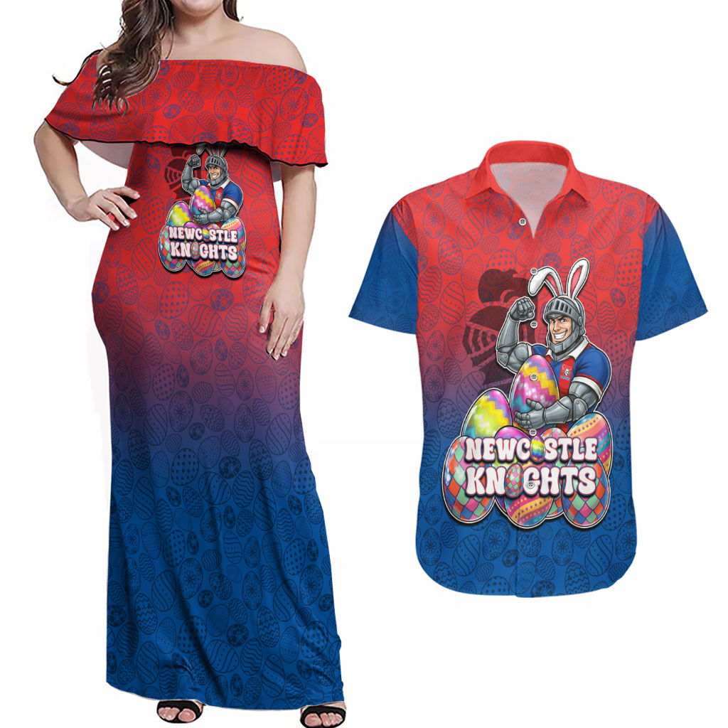 Personalized Newcastle Knights Couples Matching Off Shoulder Maxi Dress and Hawaiian Shirt Easter Mascot - Colorful Eggs Cartoon Style