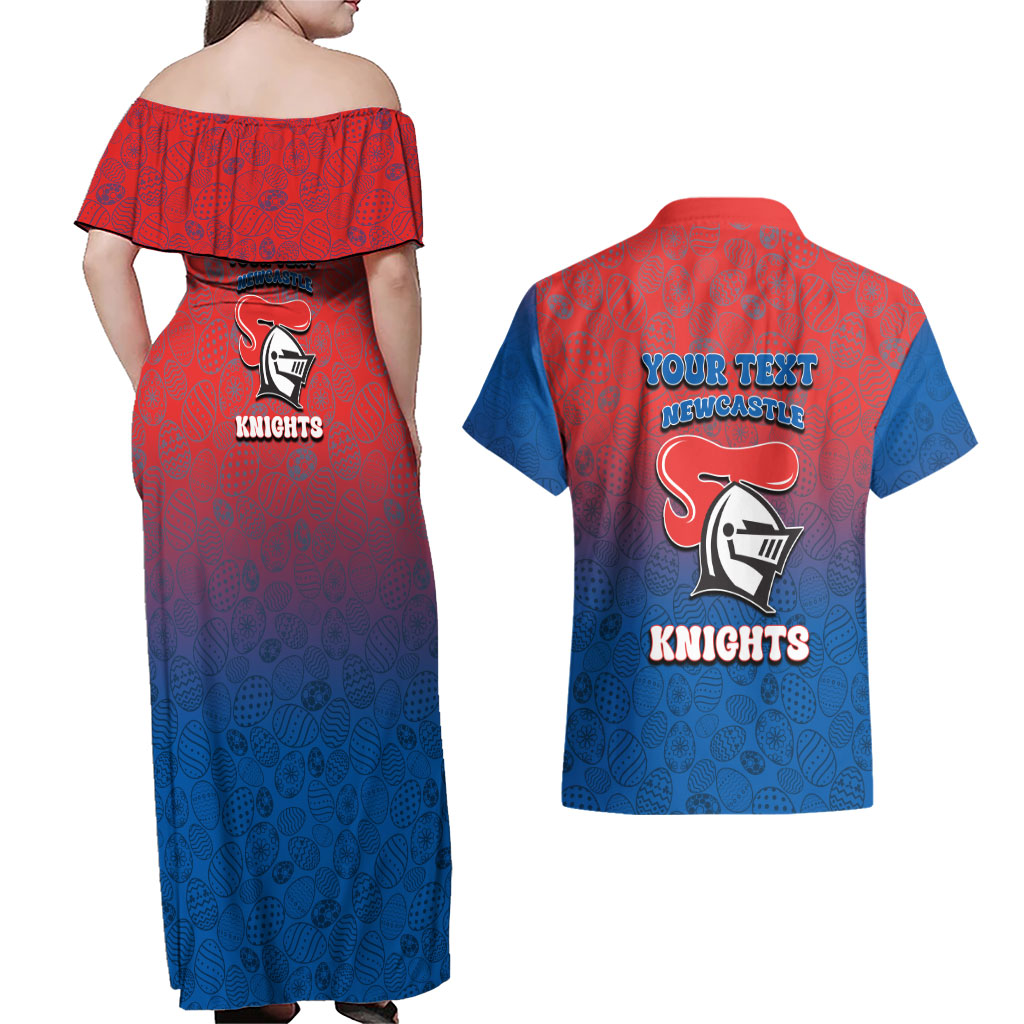 Personalized Newcastle Knights Couples Matching Off Shoulder Maxi Dress and Hawaiian Shirt Easter Mascot - Colorful Eggs Cartoon Style