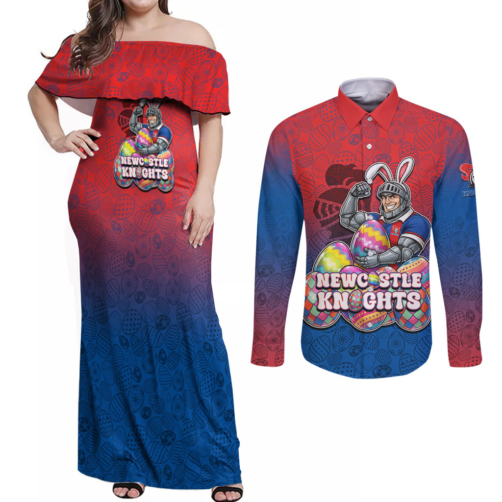 Personalized Newcastle Knights Couples Matching Off Shoulder Maxi Dress and Long Sleeve Button Shirt Easter Mascot - Colorful Eggs Cartoon Style