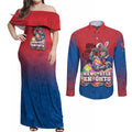 Personalized Newcastle Knights Couples Matching Off Shoulder Maxi Dress and Long Sleeve Button Shirt Easter Mascot - Colorful Eggs Cartoon Style
