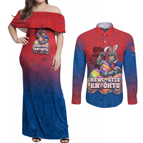 Personalized Newcastle Knights Couples Matching Off Shoulder Maxi Dress and Long Sleeve Button Shirt Easter Mascot - Colorful Eggs Cartoon Style