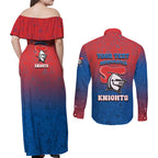 Personalized Newcastle Knights Couples Matching Off Shoulder Maxi Dress and Long Sleeve Button Shirt Easter Mascot - Colorful Eggs Cartoon Style