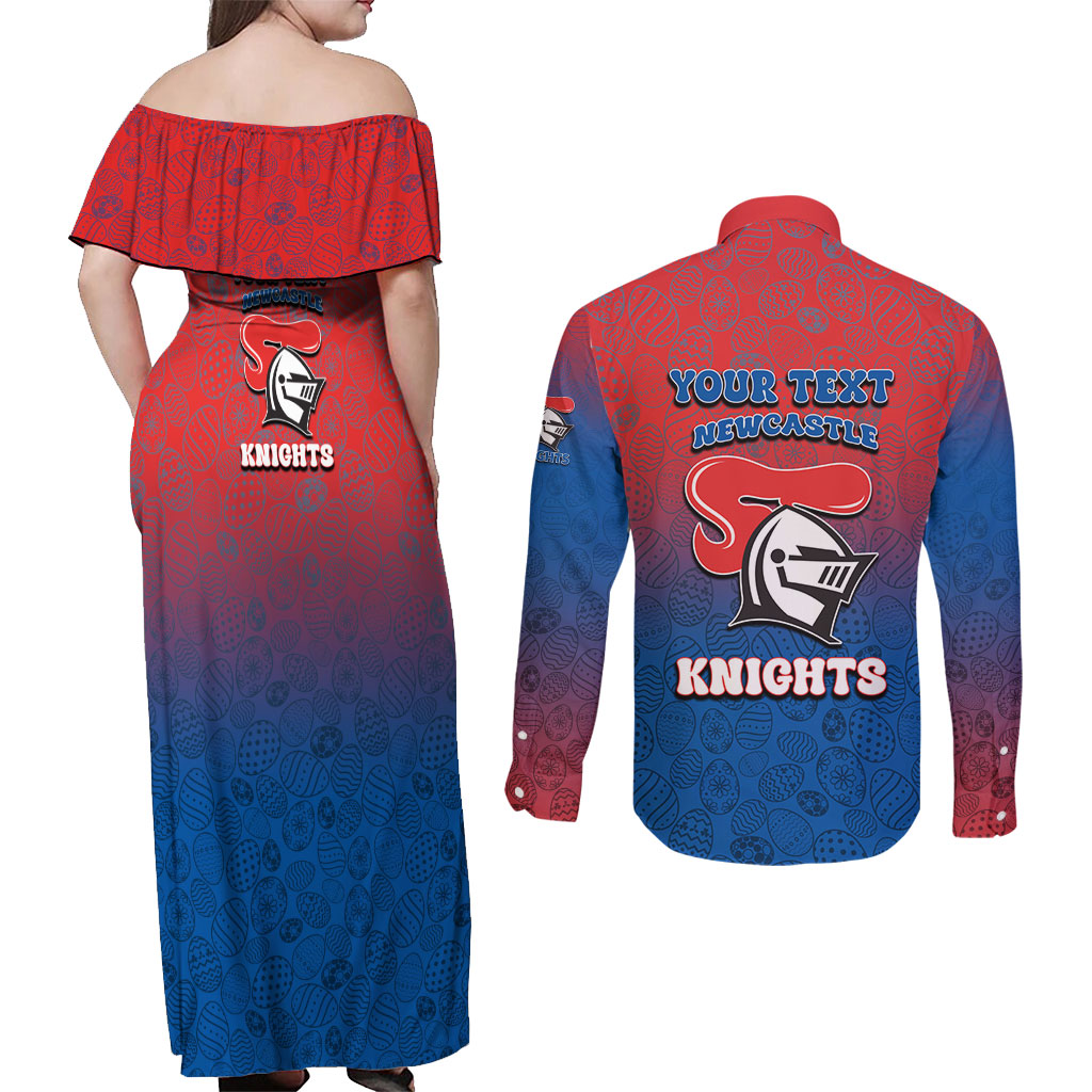 Personalized Newcastle Knights Couples Matching Off Shoulder Maxi Dress and Long Sleeve Button Shirt Easter Mascot - Colorful Eggs Cartoon Style
