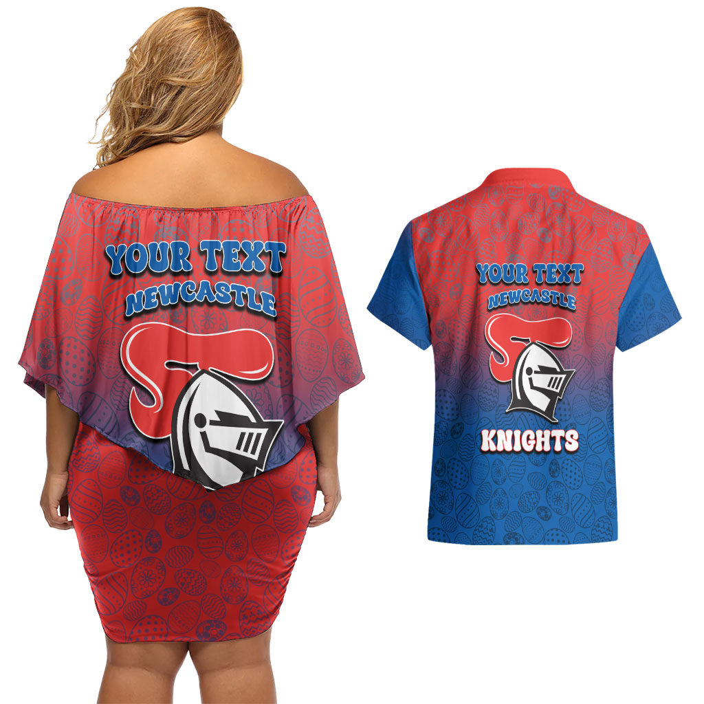 Personalized Newcastle Knights Couples Matching Off Shoulder Short Dress and Hawaiian Shirt Easter Mascot - Colorful Eggs Cartoon Style