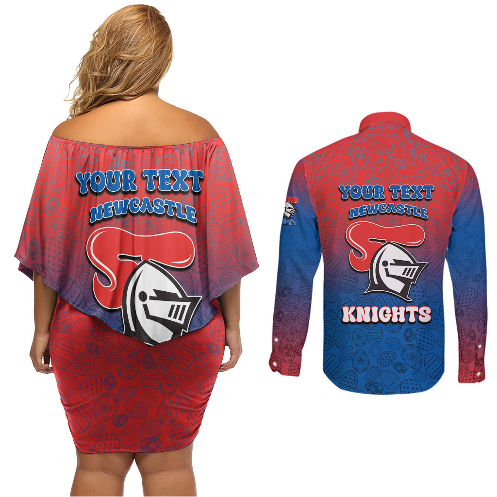 Personalized Newcastle Knights Couples Matching Off Shoulder Short Dress and Long Sleeve Button Shirt Easter Mascot - Colorful Eggs Cartoon Style